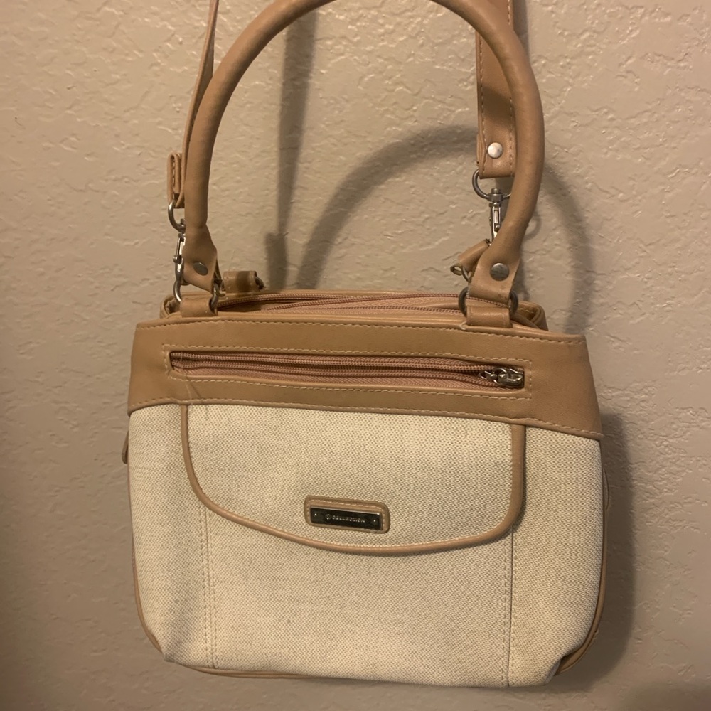 JS Collections Cream and Tan Shoulder Bag with Leather Trim
